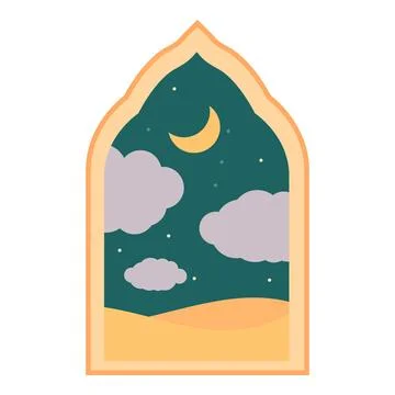 Arabian window showing crescent moon shining over desert at night Stock Illustration