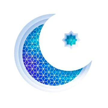 Arabic blue crescent moon window arch in paper cut style. Origami Ramadan Kareem Stock Illustration