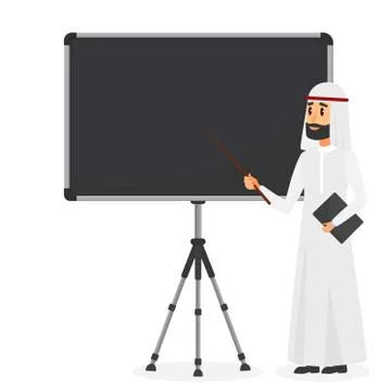 Arabic businessman making presentation on flipchart. Muslim man business plan Stock Illustration