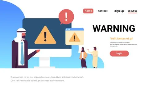 Arabic businessman problem solution warning danger piracy error concept business Illustrazione stock
