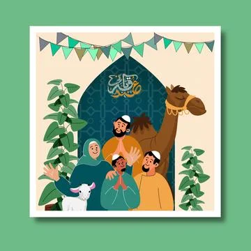 Arabic Calligraphy of Text Eid Ul Adha Mubarak Post with Illustration of Mu.. Illustrazione stock
