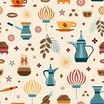 Arabic Coffee with Dates on Arabesque Pattern Stock Illustration