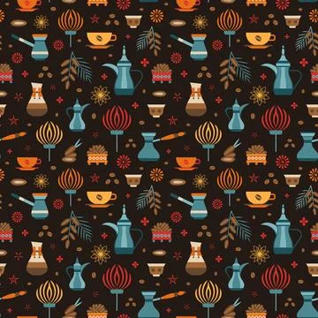 Arabic Coffee with Dates on Arabesque Pattern Stock Illustration