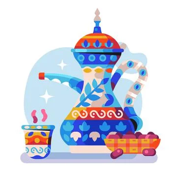 Arabic Coffee Pot with Tea Cup and Dates Stock Illustration