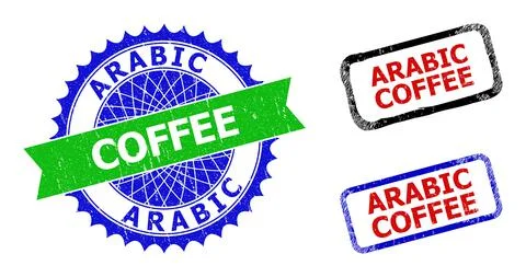 ARABIC COFFEE Rosette and Rectangle Bicolor Seals with Unclean Textures Stock Illustration