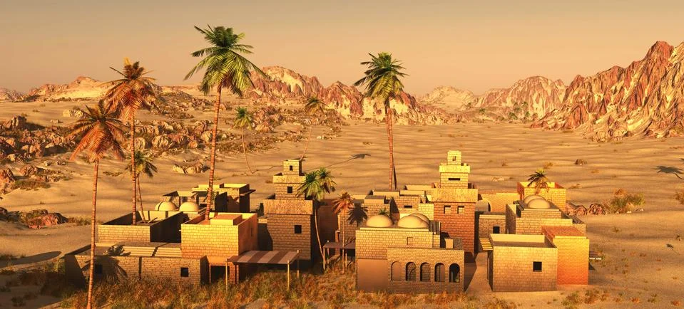 Arabic community on desert, 3d rendering Stock-Illustration
