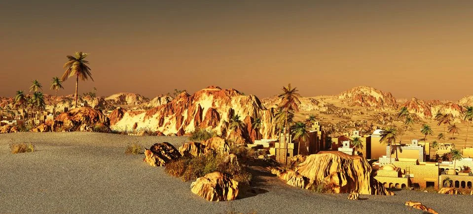 Arabic community on wasteland, 3d rendering Stock-Illustration