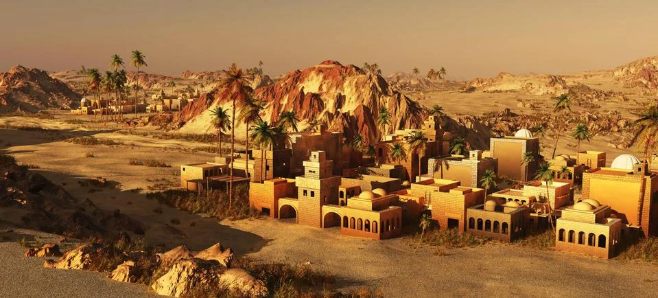 Arabic community on wasteland, 3d rendering Stock Illustration