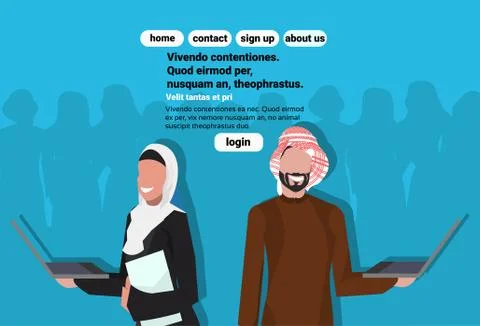 Arabic couple holding paper document laptop wearing traditional clothes saree Stock Illustration