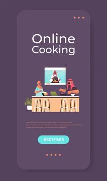 Arabic couple preparing dish while watching video tutorial with arab chef in web イラスト素材