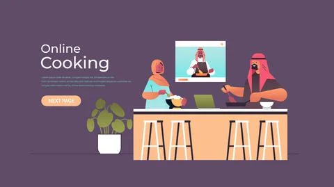 Arabic couple preparing dish while watching video tutorial with chef in web Stock Illustration
