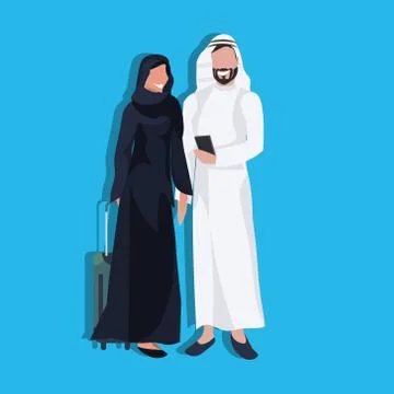 Arabic couple using smartphone holding valise wearing traditional clothes travel Stock Illustration