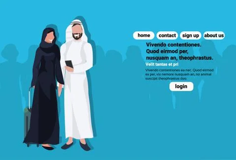 Arabic couple using smartphone holding valise wearing traditional clothes travel Stock Illustration