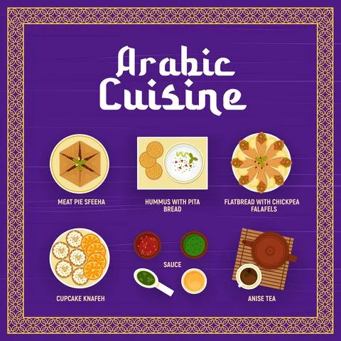 Arabic cuisine vector menu in oriental frame Stockillustratie