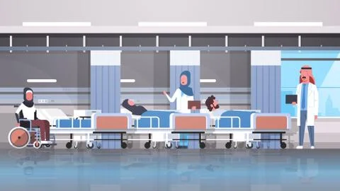 Arabic doctors team visiting disabled arab patients sitting wheelchair lying bed Stock Illustration