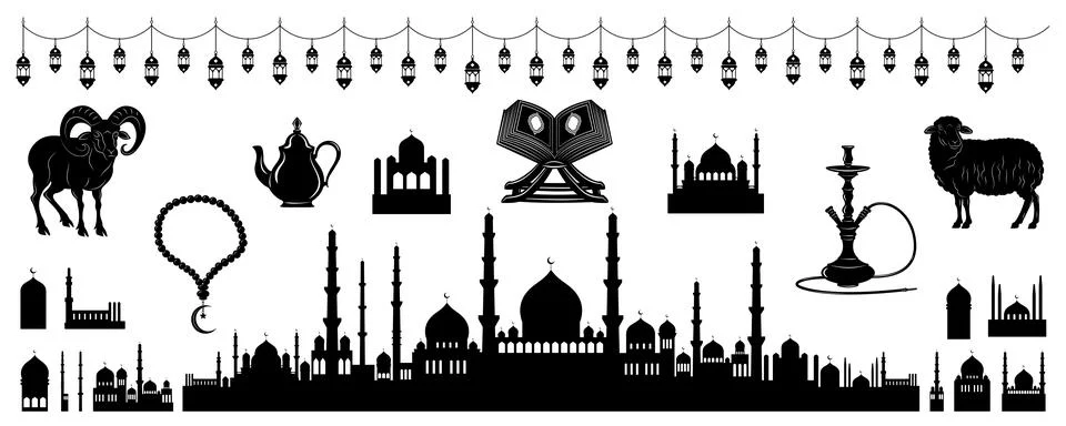 Arabic elements for Islamic holidays Ramadan, Eid Al-Adha, Eid Mubarak. Eastern Stock Illustration