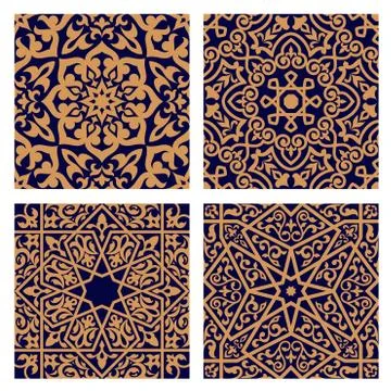 Arabic geometric seamless patterns with foliage elements Stock Illustration