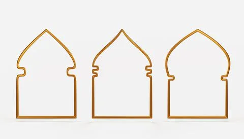 Arabic gold frames different shapes 3d render icon set. Arab windows arches for Stock Illustration