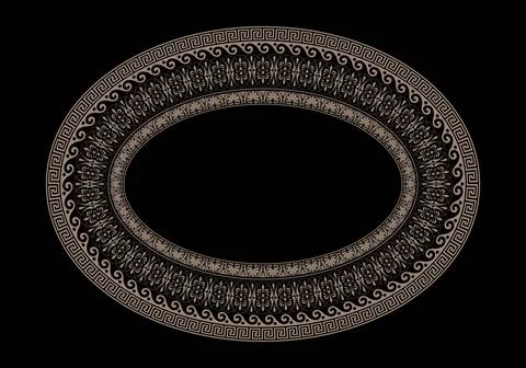Arabic gold round frame on a black background. Greek key meander border.   Illustrazione stock