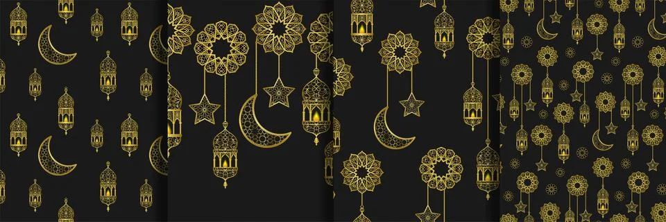Arabic golden lantern seamless patterns and border set Stock Illustration