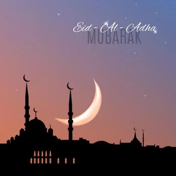 Arabic islamic holiday Eid-Al-Adha Mubarak greeting card with mosque silhouet Stock Illustration