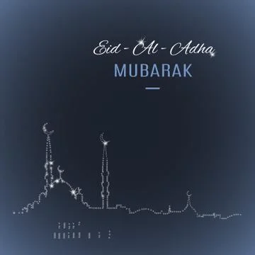 Arabic islamic holiday Eid-Al-Adha Mubarak greeting card with mosque silhouet Stock Illustration
