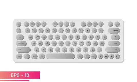 Arabic keyboard in light colors with gray and round keys, and symbols. Realistic Stock Illustration