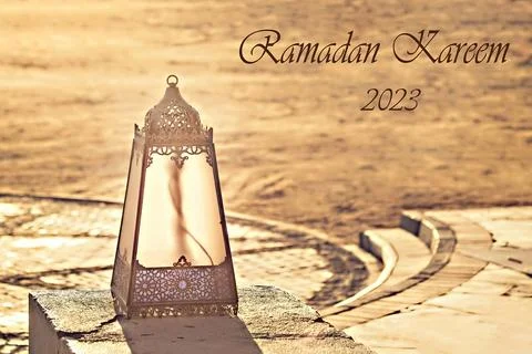 Arabic lamp close up with Eid and Ramadan greeting postcard Stock Photos
