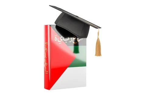 Arabic language textbook with graduation cap. Learn Arabic language, classe.. Illustrazione stock