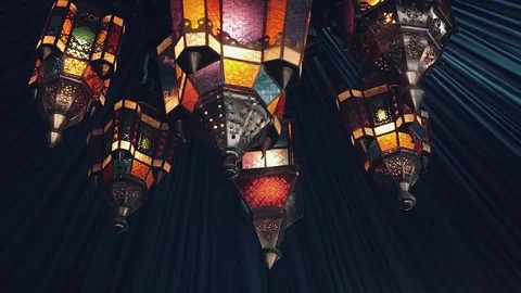 Arabic lanterns hanging under blue tent Stock Footage 71397058