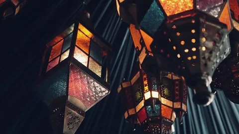 Arabic lanterns hanging under blue tent, close up Stock Footage 77988434