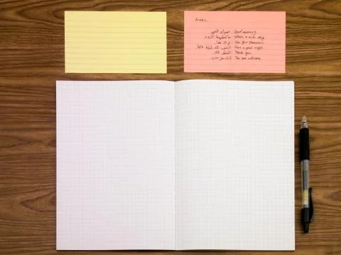 Arabic; Learning New Language Writing Words on the Notebook Stock Photos