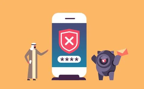 Arabic man incorrect password hacking bot smartphone verification mobile Stock Illustration