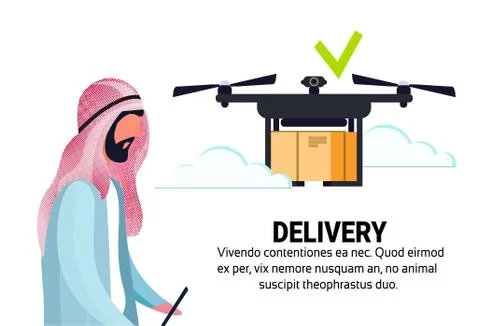 Arabic man operator drone flying geo tag delivery air package mobile application Stock Illustration