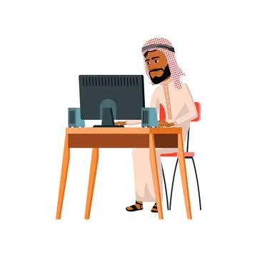Arabic man support service worker online consultation on computer cartoon vec Stock Illustration