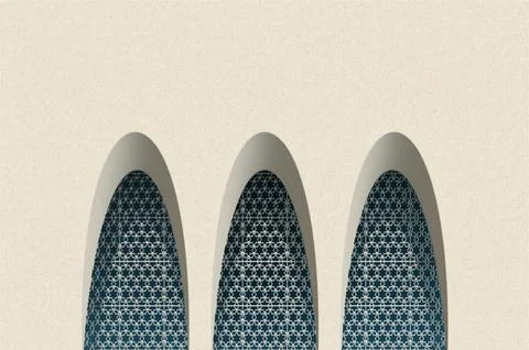 Arabic Mashrabiya Windows with Geometric Patterns on Minimalist Facade Stock Illustration