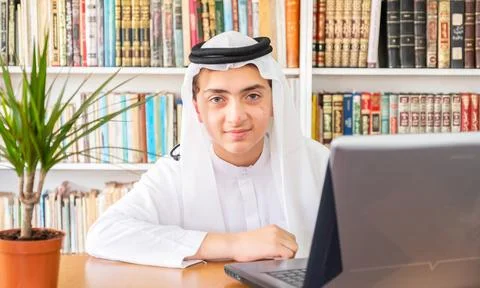 Arabic muslim man explaining something online Stock Photos