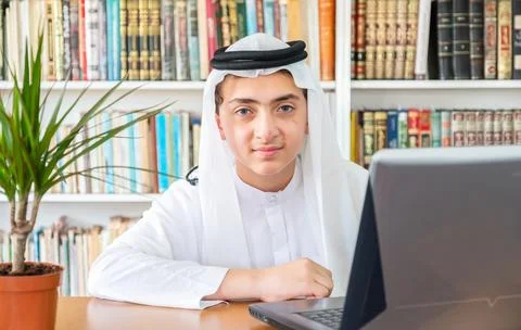 Arabic muslim man explaining something online Stock Photos