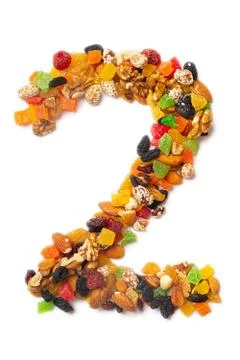 Arabic numeral "2"   from a mixture of hazelnuts, almonds, walnuts, cashews,  Illustrazione stock