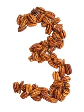 Arabic numeral "3"  from pecans on a white isolated background. Food pattern Illustrazione stock
