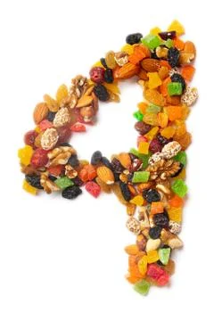 Arabic numeral "4"   from a mixture of hazelnuts, almonds, walnuts, cashews,  Illustrazione stock