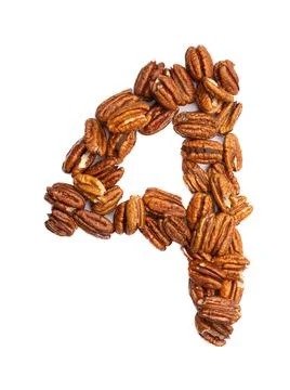 Arabic numeral "4"  from pecans on a white isolated background. Food pattern  Illustrazione stock
