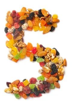 Arabic numeral "5"   from a mixture of hazelnuts, almonds, walnuts, cashews,  Illustrazione stock