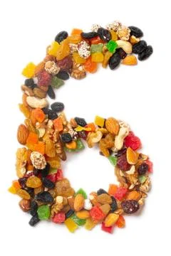 Arabic numeral "6"   from a mixture of hazelnuts, almonds, walnuts, cashews,  Illustrazione stock