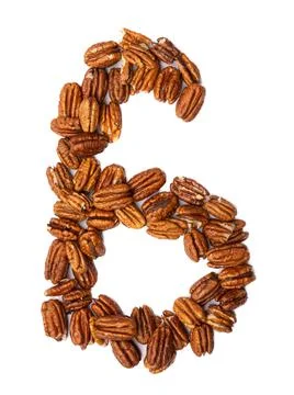 Arabic numeral "6"  from pecans on a white isolated background. Food pattern Illustrazione stock