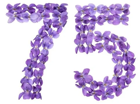 Arabic numeral 75, seventy five, from flowers of viola, isolated on white bac Foto stock