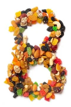 Arabic numeral "8"   from a mixture of hazelnuts, almonds, walnuts, cashews,  Illustrazione stock