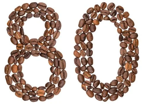 Arabic numeral 80, eighty, from coffee beans, isolated on white background Stock Photos