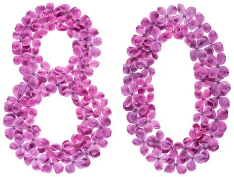 Arabic numeral 80, eighty, from flowers of lilac, isolated on white backgroun Stock Photos