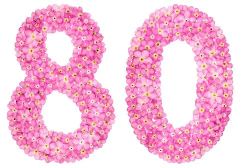 Arabic numeral 80, eighty, from pink forget-me-not flowers, isolated on white Stock Photos